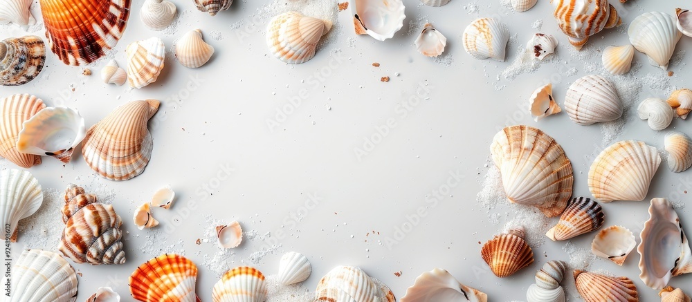 Poster seashells scattered around a white frame on a white backdrop with a vacant copy space image within