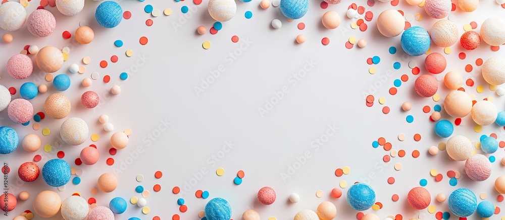 Poster white frame surrounded by various colored small balls with space for text or images copy space image