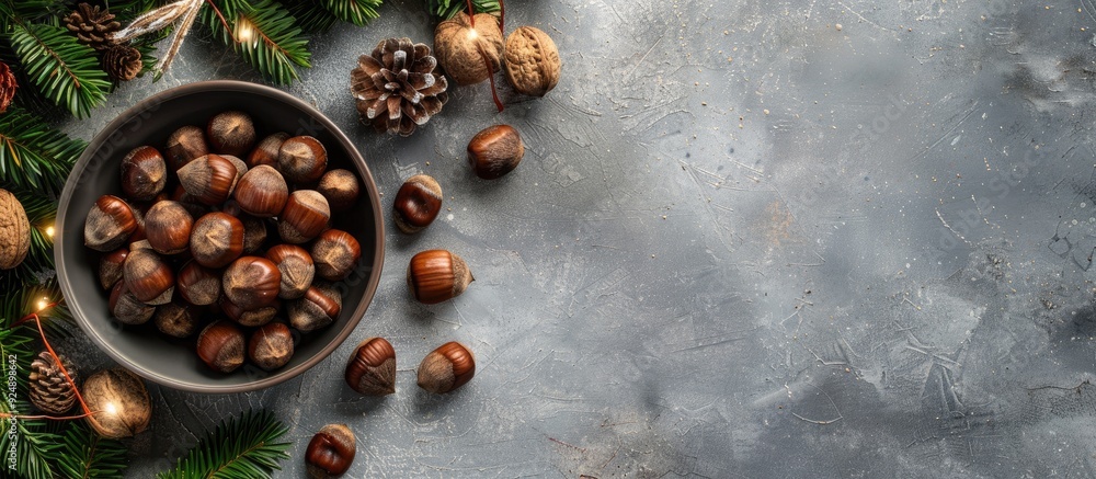 Aufkleber flat lay of scrumptious roasted chestnuts on a grey tabletop with copy space image available