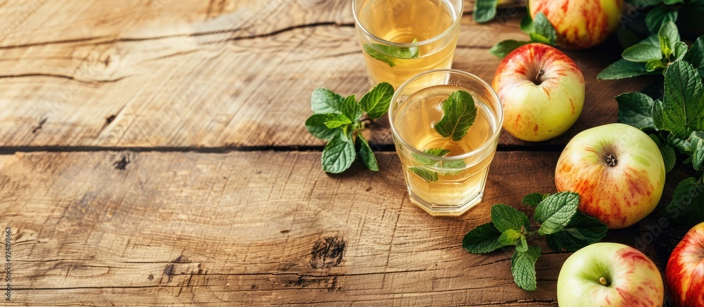Poster Light wooden background with glasses filled with apple cider mint branches and apples allowing for a copy space image