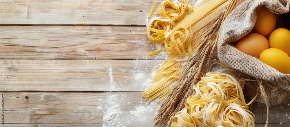 Poster white wooden table with a bag of pasta made with eggs and flour providing copy space image