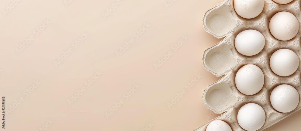 Poster top view of white chicken eggs in packaging on a light background with copy space image representing