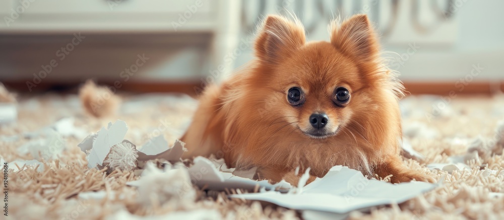 Sticker A Pomeranian spitz dog beside torn paper on the carpet with copy space image