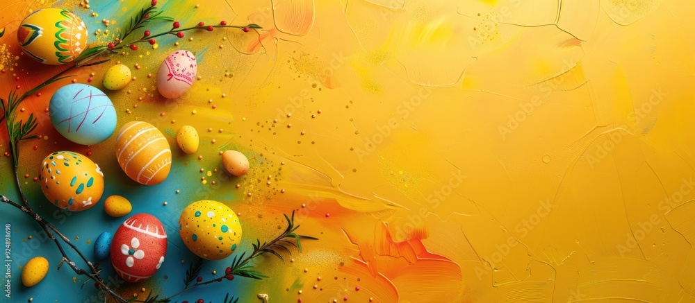 Poster a festive easter greeting card featuring colorful easter eggs on a vibrant background with copy spac