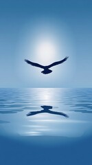 A single bird flies high above the calm water with its reflection in the water below.