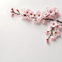 Obraz premium A branch of blossoming sakura lies on a milky-white background. Springtime composition with copy space. Flat lay style, top view. 