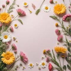 Obraz premium Wild flowers Feminine Floral Wallpaper in Flat Lay Style, Mother's Day Sale, female with empty space. 
