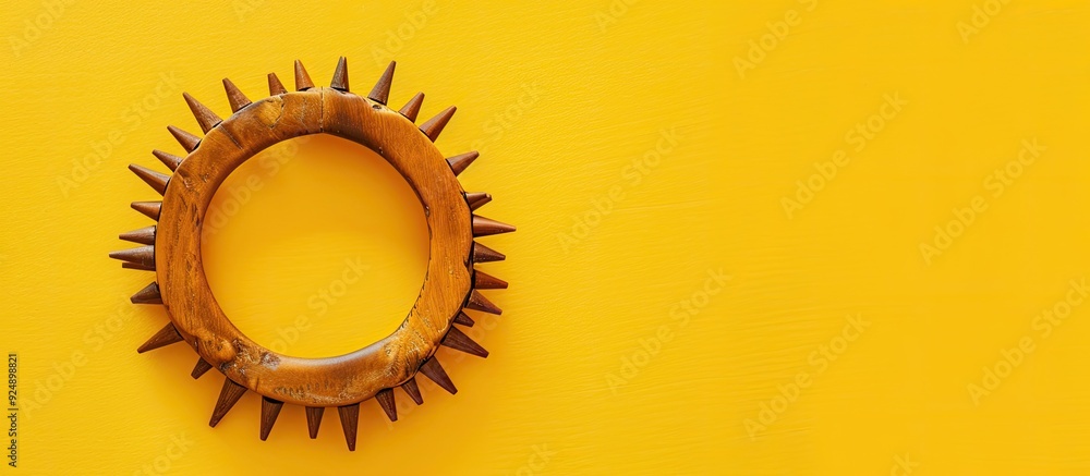 Poster Wooden rattle and dry spikes on yellow backdrop in a top view copy space image