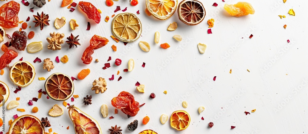 Poster overhead view of dried fruits spread on a white backdrop providing copy space image