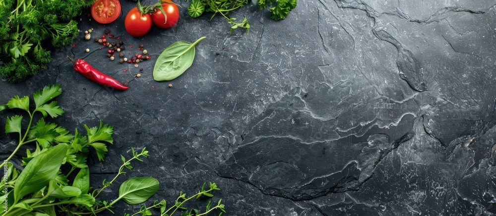 Poster top view of herbs and condiments displayed on a black stone surface with copy space image available