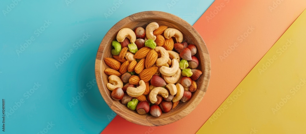 Aufkleber Top view showing a variety of nuts like cashews hazelnuts walnuts and almonds in a wooden bowl on a colorful table with room for text or graphics in the image. Creative banner. Copyspace image