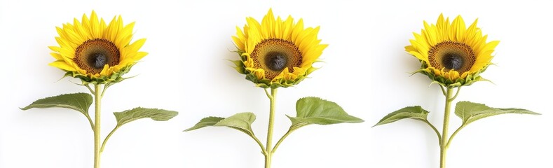 Obraz premium Isolated on transparent background, close-up on the head of three sunflowers blooming