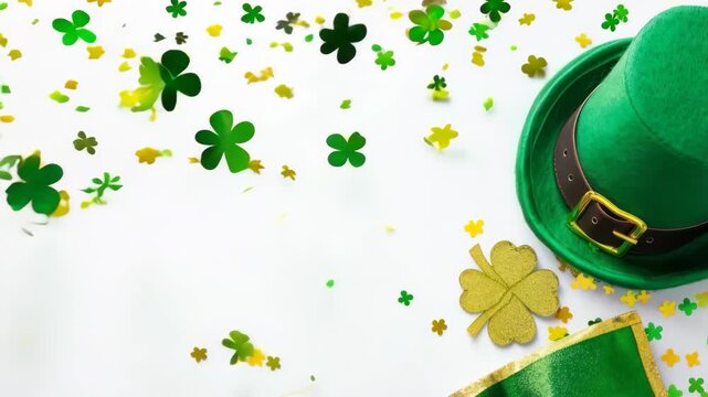St Patrick's Day banner with a green hat and clover leaf decoration on a white background.