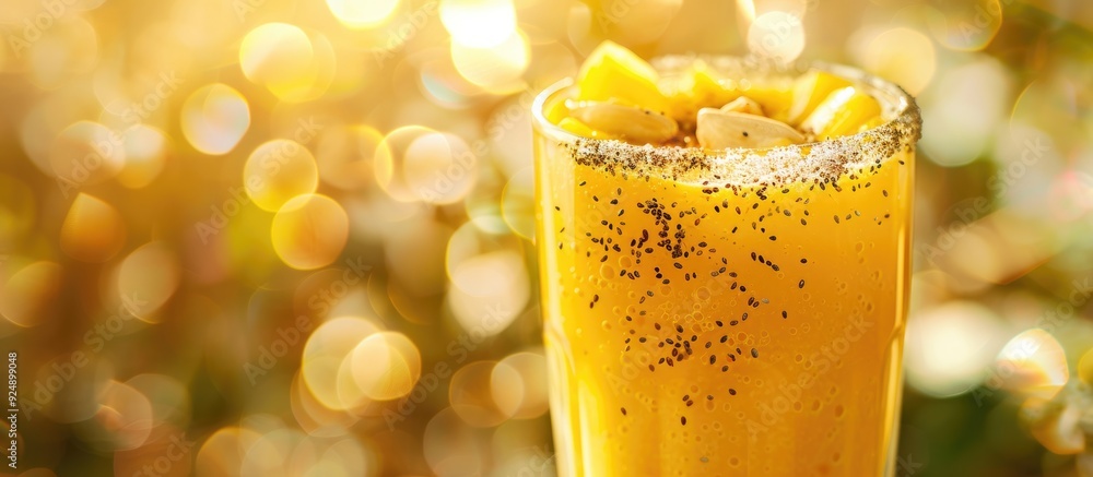 Aufkleber a glass with a yellow beverage topped with seeds on a bright backdrop with selective focus ideal as 