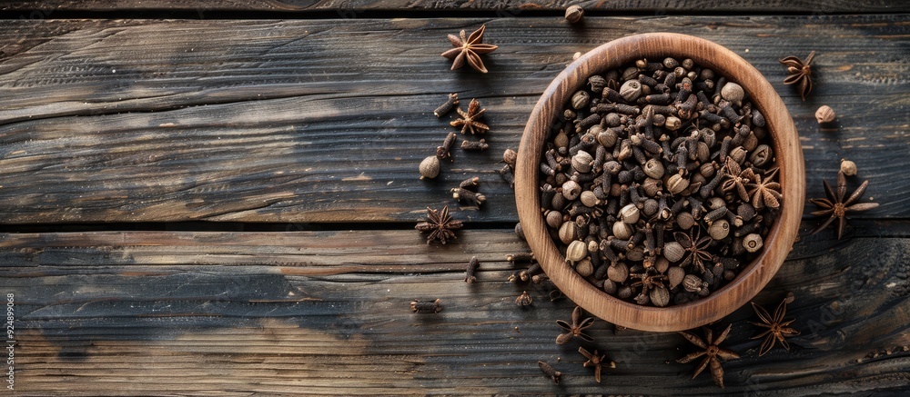 Leinwandbilder top view of a wooden table with a bowl of aromatic dry cloves offering a copy space image for text