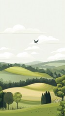 A single bird flies above a lush green landscape, with rolling hills and a forest in the distance.