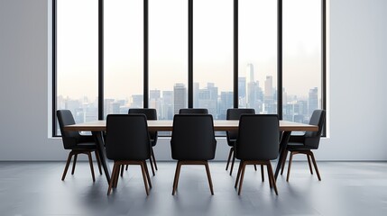 Modern conference room with a large table and stylish chairs, offering a stunning city skyline view through glass windows.
