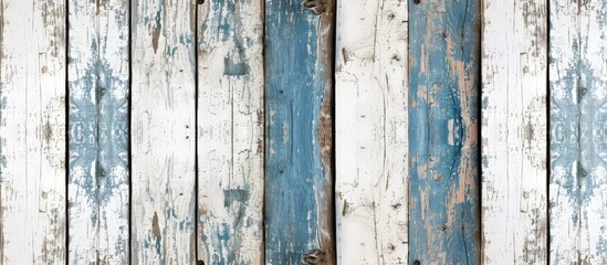 An old white and blue wooden header background with a vintage style and shabby paint creating a rustic and isolated texture with copy space image