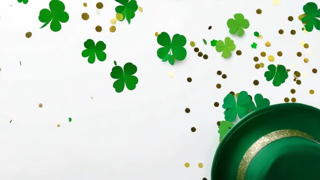 St Patrick's Day banner with a green hat and clover leaf decoration on a white background.