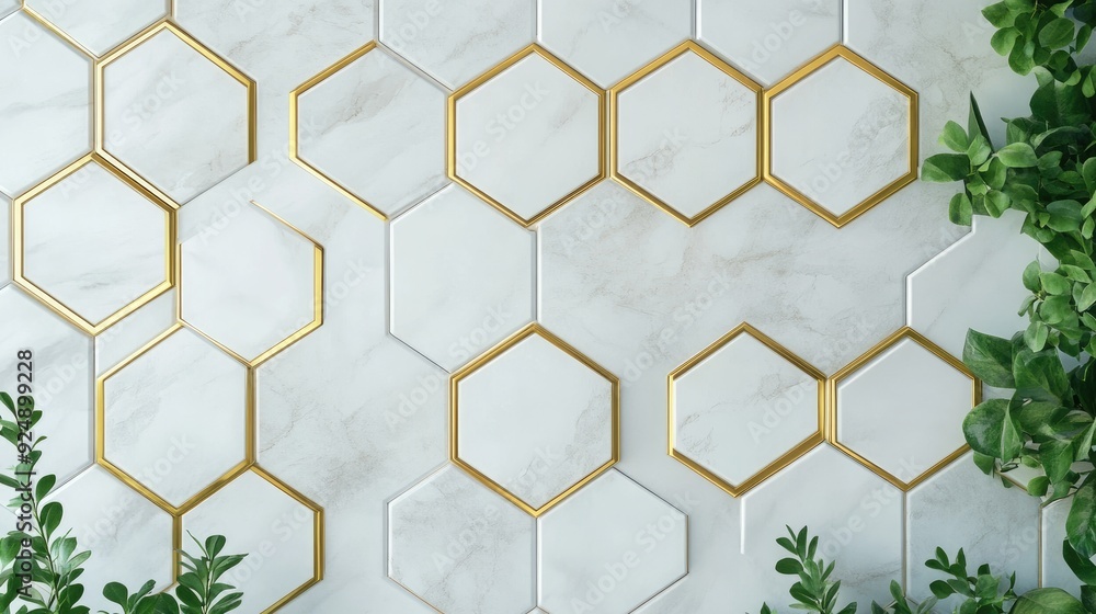 Poster white hexagonal tiles with gold accents, creating a modern and luxurious pattern for a feature wall.