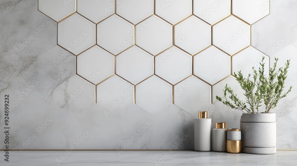 Poster white hexagonal tiles with gold accents, creating a modern and luxurious pattern for a feature wall.