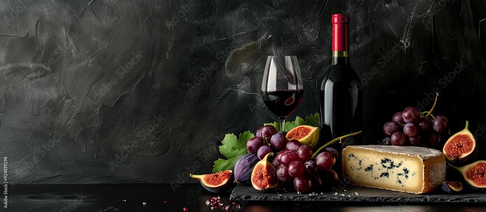 Poster Maasdam cheese red wine grapes and figs arranged on a table with a black background providing room for text beside a copy space image