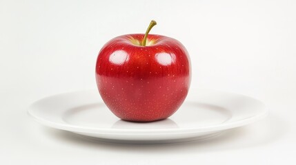 The red apple is isolated on a transparent background with a white plate