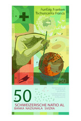 Vector illustration of a stylized green Swiss banknote. Vector 50 Swiss francs.