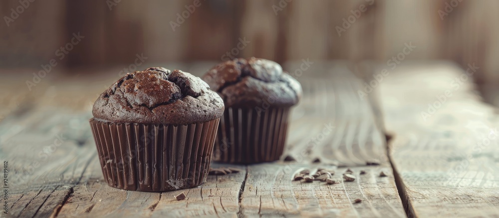 Poster Selective focus on a wooden table showcasing two dark chocolate muffins with ample copy space in the image