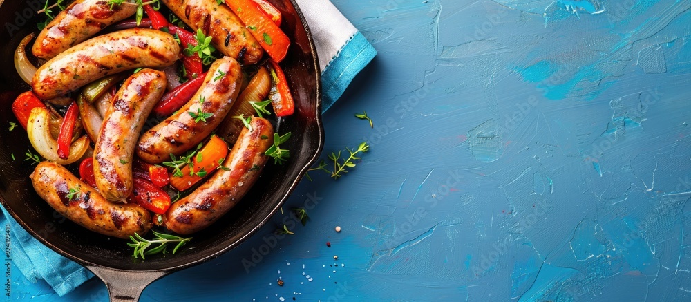 Poster Top view of sausages with thyme and vegetables in an old pan placed on a white napkin against a blue backdrop with copy space image