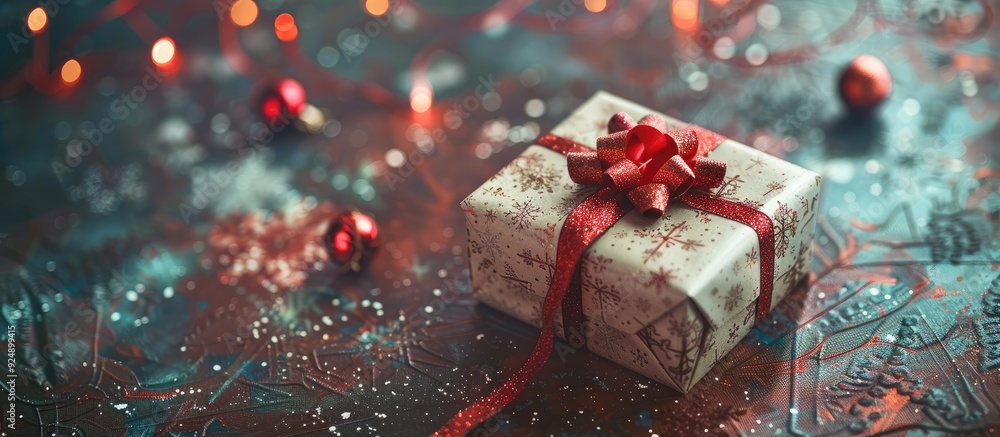 Poster high angle shot of a charming gift box adorned with a satin ribbon on a table embodying the holiday 