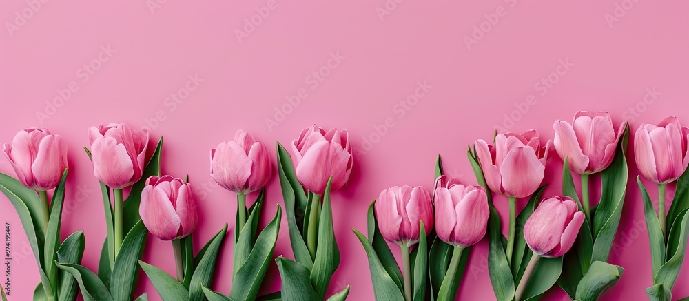 Fototapete flat lay of pink tulips on a matching pink background with copy space image