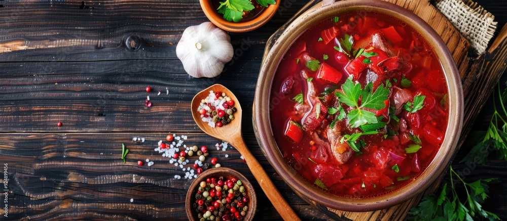 Poster ukrainian cuisine featuring vibrant red borsch soup with meat pieces and spices on a dark wooden bac