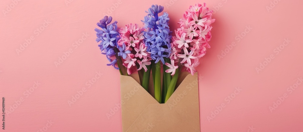 Leinwandbilder mockup of a greeting card featuring a spring hyacinth bouquet with an envelope set against a pretty 