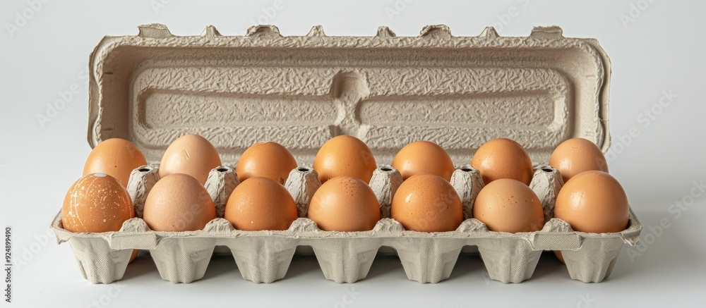 Poster an open carton with twelve eggs removed set against a white backdrop for a copy space image