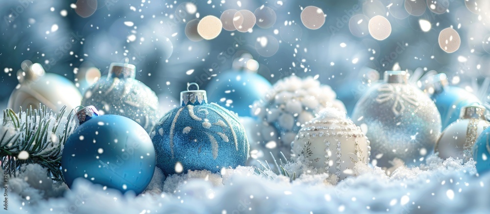 Poster a festive blue and white christmas ornaments are scattered on snow in an abstract background with a 