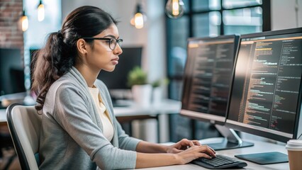 "Indian Female Programmer with Code on Screen" – A female Indian programmer reviewing code displayed on her computer screen.
