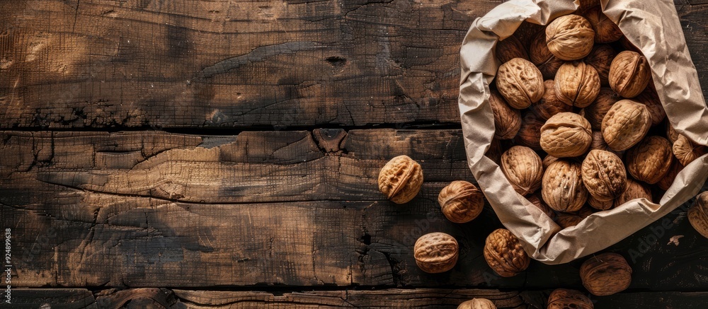 Aufkleber Walnuts in a paper bag on an old rustic table viewed from the top with copy space image available