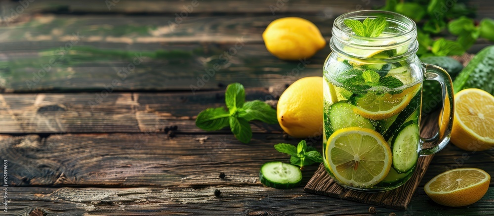Poster Glass jar on wooden surface with lemonade garnished with lemon and cucumber all against a background suitable for adding text or copy space image
