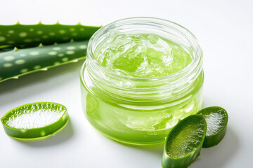 An open jar of aloe vera gel-cream with sliced stalks on a white background.