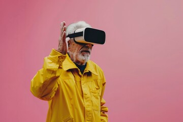 Gray-haired elderly bearded grandfather wearing virtual reality glasses on pink background. Fashionable pensioners master modern technologies, play video games, watch a magical 3D world