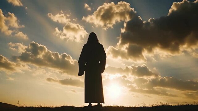 Outside the bustling walls of ancient Jerusalem lies Calvary hill, the solemn place of Jesus Christ's crucifixion. Overhead, a dark sky contrasts with luminous rays of light streaming down