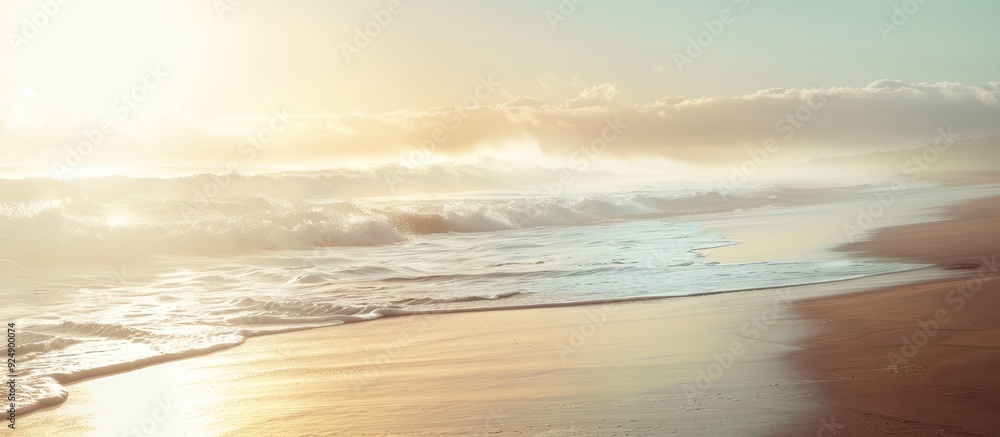 Poster misty morning sun shining above a sandy ocean shore with waves providing a clear view in the distanc