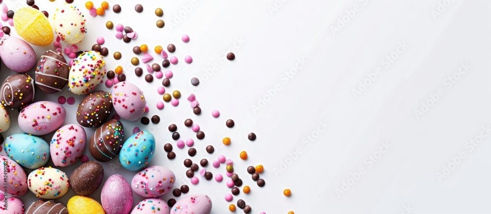 Poster a festive easter theme featuring colorful chocolate eggs with sugary dragees on a white backdrop wit