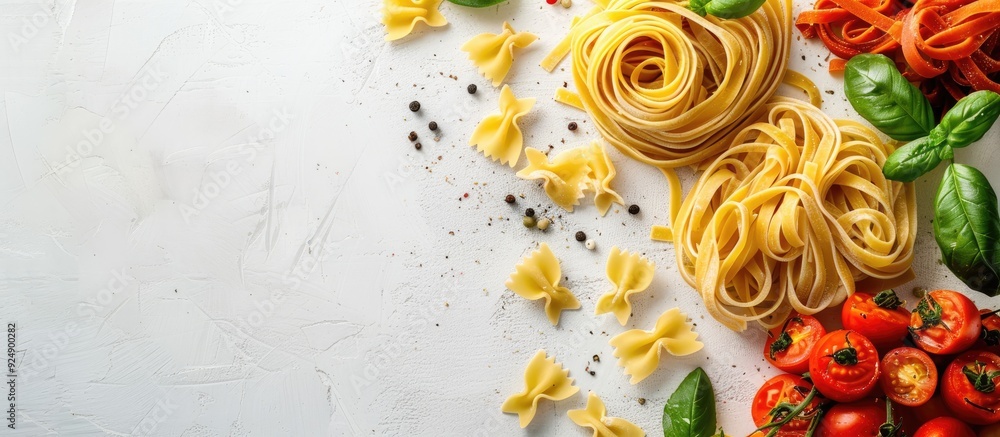 Poster tasty assorted pasta on a clean white backdrop with copy space image