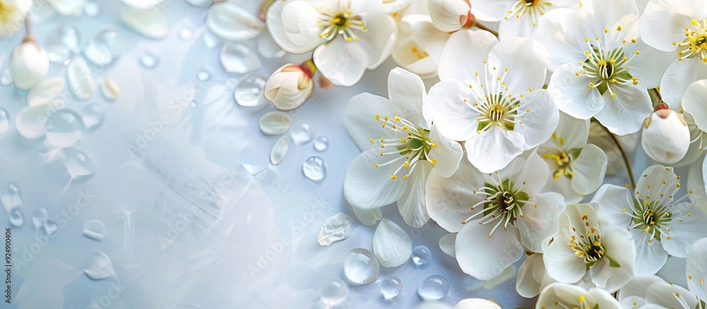 Poster Spring background featuring delicate white flowers with copy space image