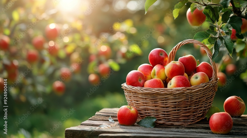 Poster wicker basket overflowing with apples in apple orchard setting