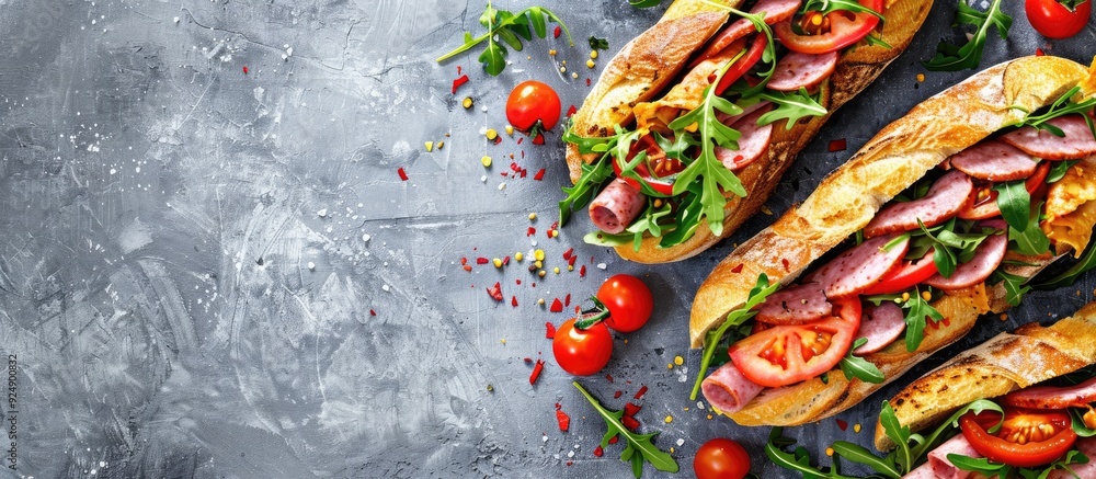 Aufkleber sandwiches with boiled sausage tomato cheese and arugula on a grey table with a copy space image