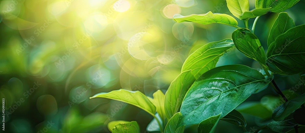 Fototapete fresh green leaf on a blurred natural background with copy space image for text placement
