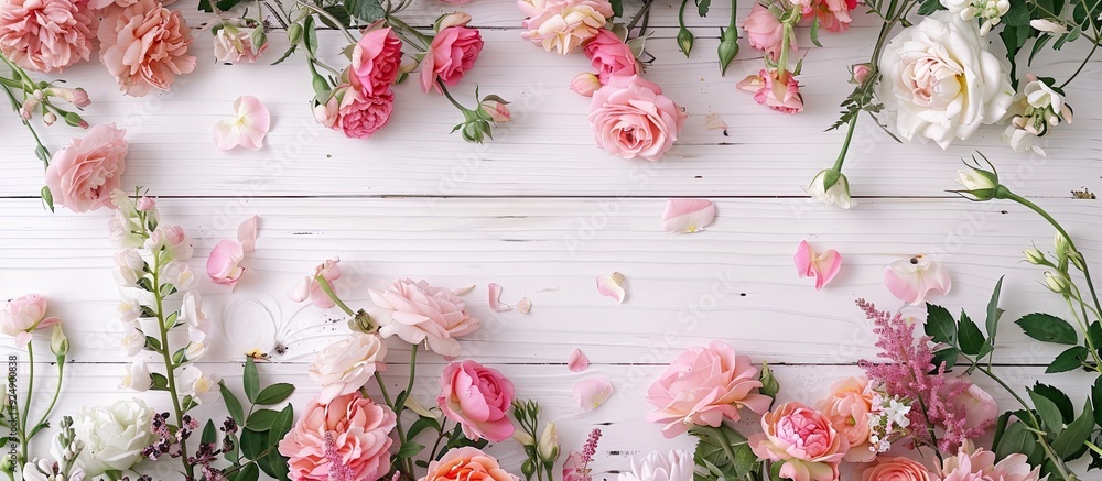 Poster flowers displayed on a white wooden backdrop with copy space image available